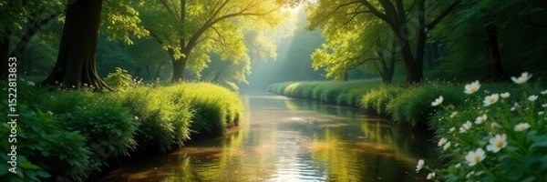 Obraz Winding riverside path, lush foliage, sunlight dappling, river path, outdoor