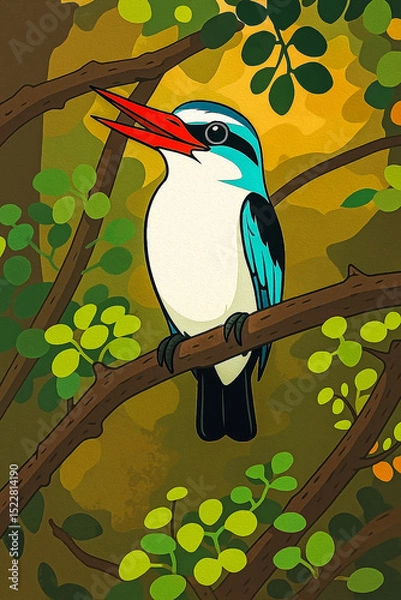 Obraz Adobe Illustrator Artwork Blue-Winged Kingfisher in a Lush Forest Setting
