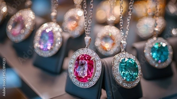 Fototapeta Elegant necklaces and pendants with colorful gemstones displayed in a stylish showcase