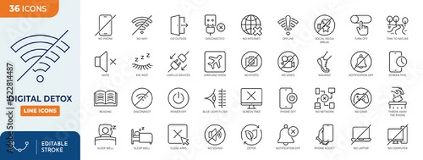 Fototapeta Digital Detox line editable icon set. Containing digital detox, tech detoxification, unplug, no phone, offline, airplane mode, no wifi, and more.  Editable stroke. Vector illustration