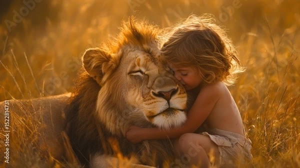 Fototapeta Child embraces a lion in golden light, capturing a moment of connection in a serene golden landscape at sunset