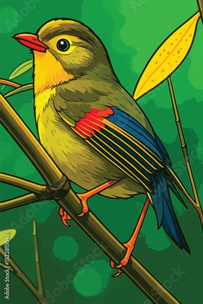 Obraz Adobe Illustrator Artwork Colorful Red-Billed Bird on Bamboo Branch