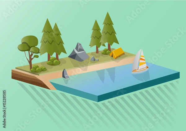 Fototapeta Campsite in forest with yacht ; vector illustration