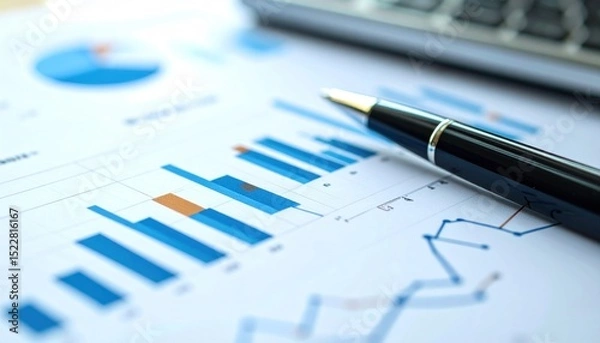 Fototapeta Financial data bar graphs, line graphs, and pie chart, with a pen on top