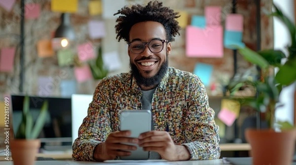 Fototapeta Joyful man using smartphone while sitting at desk in modern office surrounded by plants and colorful notes