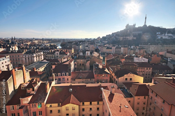 Fototapeta toîts croix rousse vue de fourvière vieux lyon soleil couchant