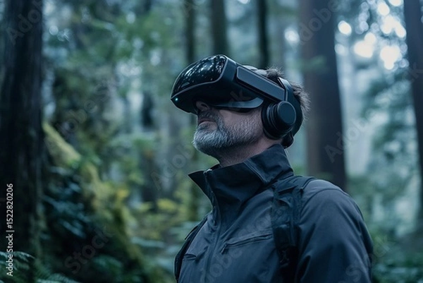 Fototapeta Man using virtual reality headset in a dense forest during a calm afternoon