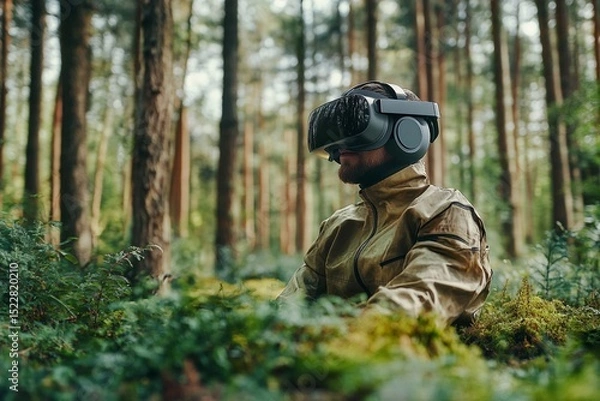 Fototapeta Man using virtual reality headset in a dense forest during a calm afternoon