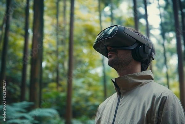 Fototapeta Man using virtual reality headset in a dense forest during a calm afternoon