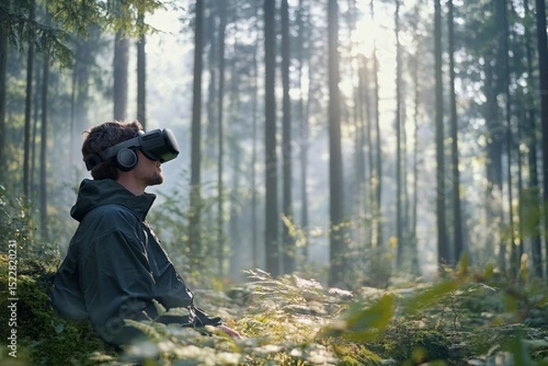 Fototapeta Man using virtual reality headset in a dense forest during a calm afternoon