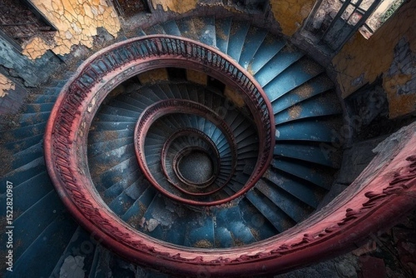 Fototapeta Endless spiral staircase viewed from above, showcasing a mesmerizing architectural design in a historic building