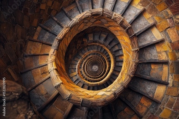 Fototapeta Endless spiral staircase viewed from above, showcasing a mesmerizing architectural design in a historic building