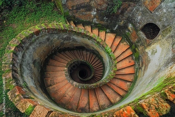 Fototapeta Endless spiral staircase viewed from above, showcasing a mesmerizing architectural design in a historic building
