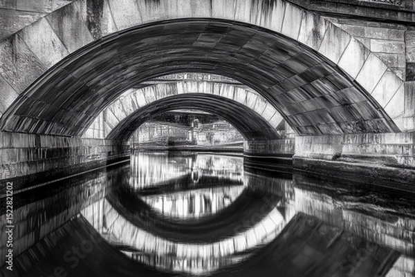 Fototapeta Vaulted bridge structure creates stunning mirror reflection beneath in calm water during early morning light