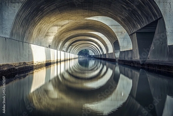 Fototapeta Vaulted bridge structure creates stunning mirror reflection beneath in calm water during early morning light