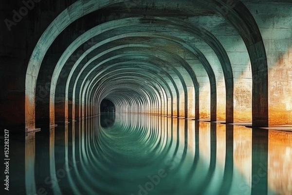 Fototapeta Vaulted bridge structure creates stunning mirror reflection beneath in calm water during early morning light
