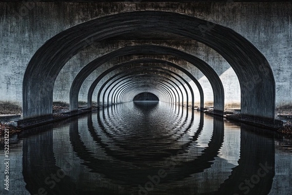 Fototapeta Vaulted bridge structure creates stunning mirror reflection beneath in calm water during early morning light