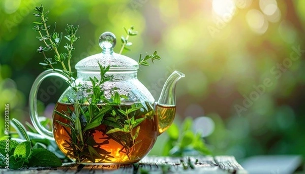 Fototapeta Herbal tea steeping in a clear teapot sits atop weathered wood, with soft green bokeh