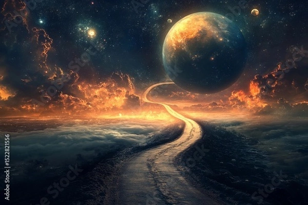 Fototapeta Magical road leads through a cosmic landscape toward distant planets in a starry night sky