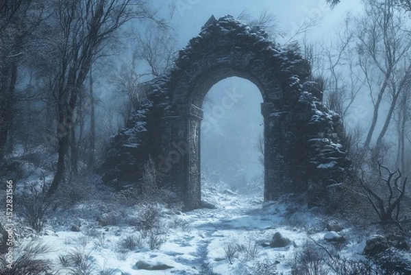 Fototapeta Majestic portal to another world glows amidst ethereal landscape with rolling clouds and sunlit greenery