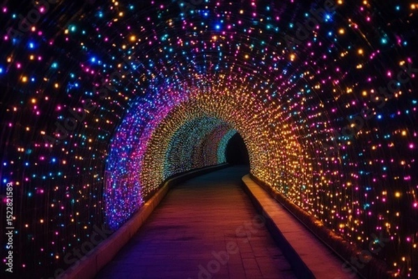 Fototapeta Colorful illuminated tunnel creates a stunning visual experience with shimmering lights in various hues