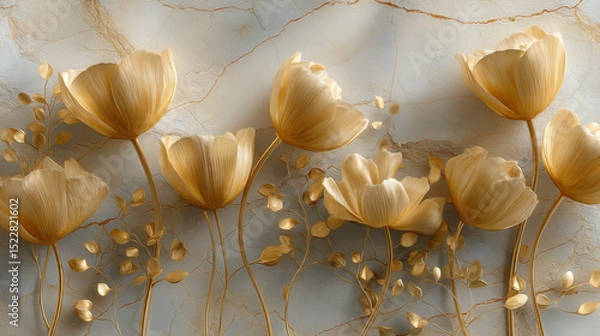 Fototapeta Luxurious 3d abstract design featuring golden tulips on elegant beige stone background for interior decor