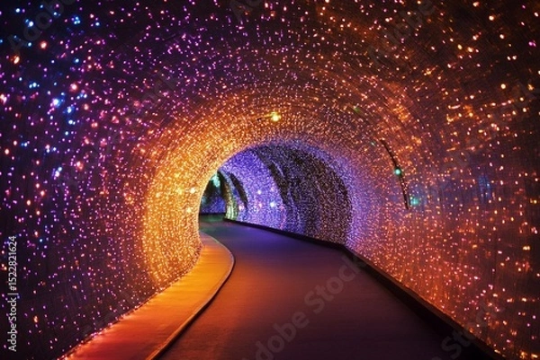 Fototapeta Colorful illuminated tunnel creates a stunning visual experience with shimmering lights in various hues