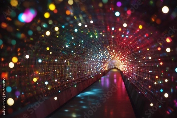 Fototapeta Colorful illuminated tunnel creates a stunning visual experience with shimmering lights in various hues