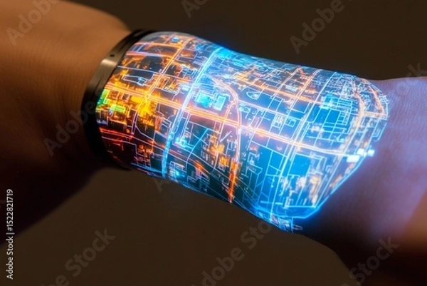 Fototapeta 3D holographic map displayed from a wristband illuminates the hand with vibrant city pathways and landmarks during the evening