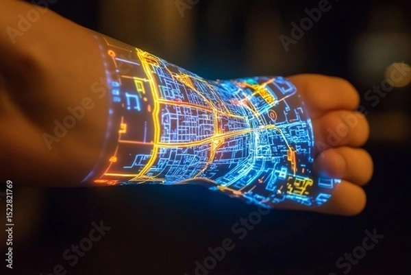 Fototapeta 3D holographic map displayed from a wristband illuminates the hand with vibrant city pathways and landmarks during the evening
