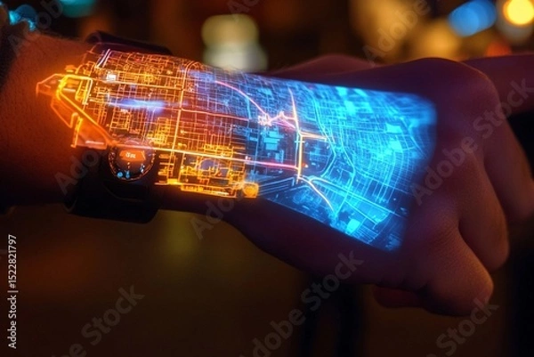 Fototapeta 3D holographic map displayed from a wristband illuminates the hand with vibrant city pathways and landmarks during the evening
