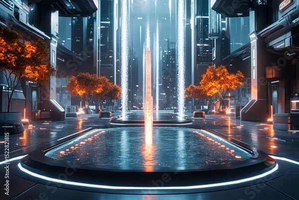 Fototapeta Futuristic plaza featuring a symmetrical fountain illuminated by urban lights in a vibrant cityscape