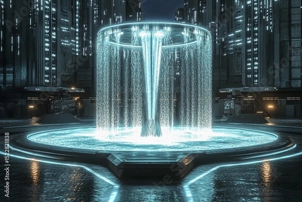 Fototapeta Futuristic plaza featuring a symmetrical fountain illuminated by urban lights in a vibrant cityscape