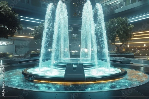 Fototapeta Futuristic plaza featuring a symmetrical fountain illuminated by urban lights in a vibrant cityscape