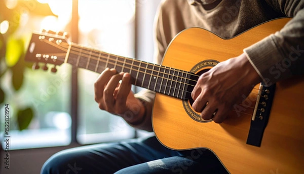 Obraz close up of a man playing an acoustic guitar, with soft light from the window