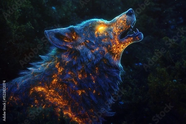 Fototapeta Massive glowing wolf howling into the night under a starry sky, surrounded by trees and foliage