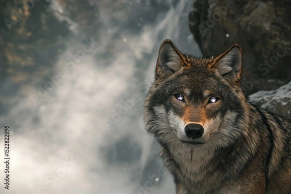 Fototapeta Wolf with radiant eyes reflects the power of the moon in a mystical forest setting under twilight sky
