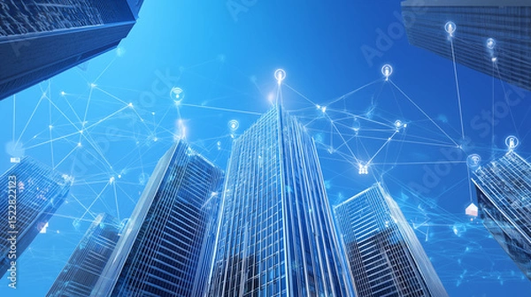 Obraz Urban Smart Building Network Illustration with Skyscrapers and Interconnected Icons Against Blue Sky