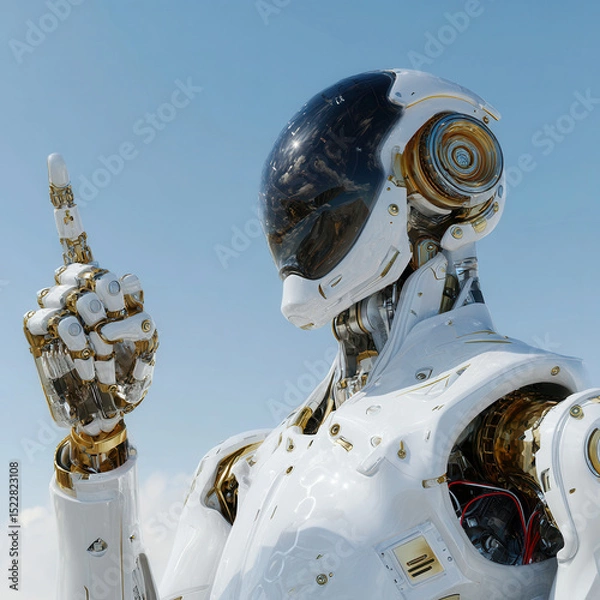 Fototapeta Futuristic robot with elegant design commands attention under a vast blue sky