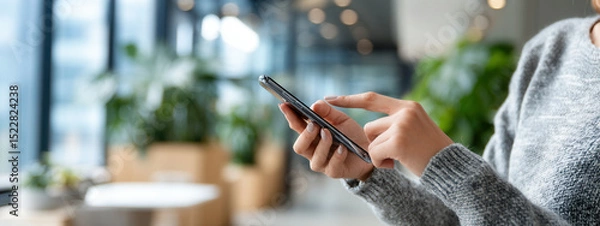 Fototapeta Modern woman engaged in online shopping with smartphone in a stylish office setting surrounded by greenery