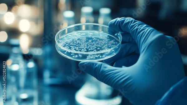 Obraz A scientist wearing blue gloves holding a petri dish with bacteria or virus samples