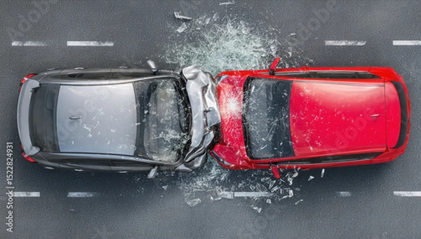 Fototapeta Aerial view captures a dramatic intersection accident involving a red car and a silver vehicle with shattered glass on the roadway
