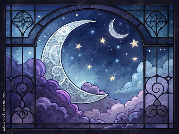 Obraz Stained Glass Artwork of Night Sky with Crescent Moon and Stars