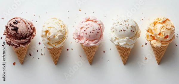 Fototapeta Delightful array of five unique ice cream flavors served in cones against a minimalist white background