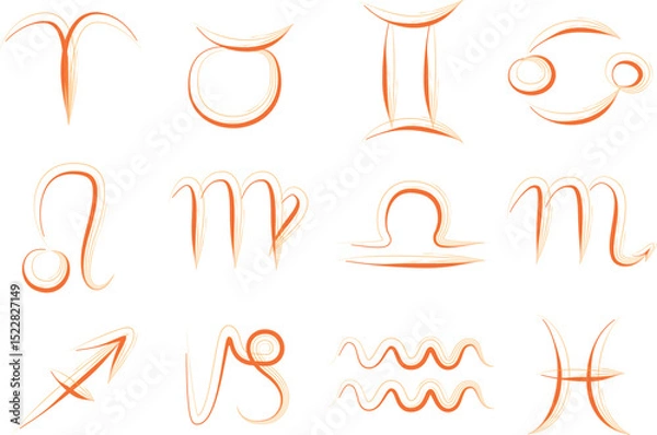 Fototapeta orange colorful scribble outline art zodiac signs set