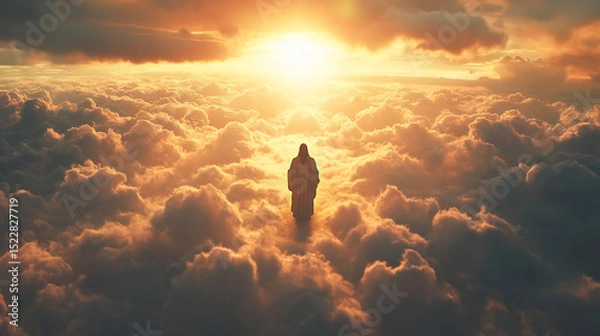 Obraz 3d, art and Jesus Christ in sky for heaven, hope and soul, resurrection and eternal life. He is risen, back and illustration of Christian God in clouds with open arms for spiritual, welcome or faith
