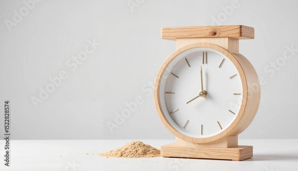 Obraz Minimalist wooden clock with sand on white surface  