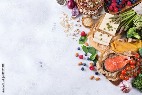 Fototapeta Selection assortment of healthy balanced food for heart, diet