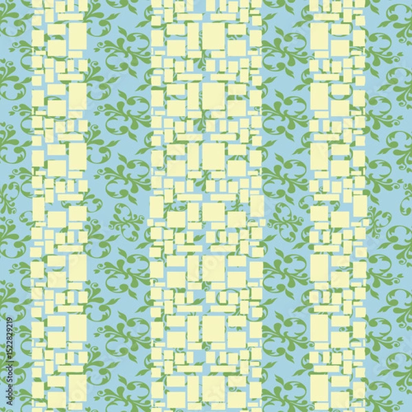 Fototapeta Geometric Seamless Pattern with Abstract Blocks and Floral Stripes, Vector Background