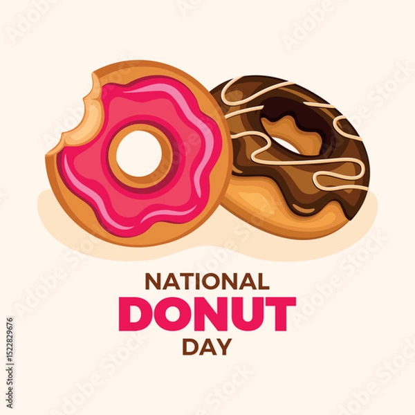 Fototapeta National Donut Day poster vector illustration. Doughnut with pink and chocolate frosting icon vector. Bitten donut drawing. Template for background, banner, card. The first Friday of June every year